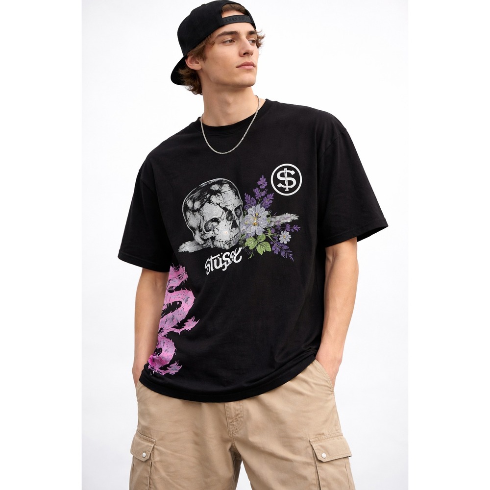 Stussy T Shirt rike Pigment Dyed Black Y2K Streetwear Graphic Skater - Men's XL